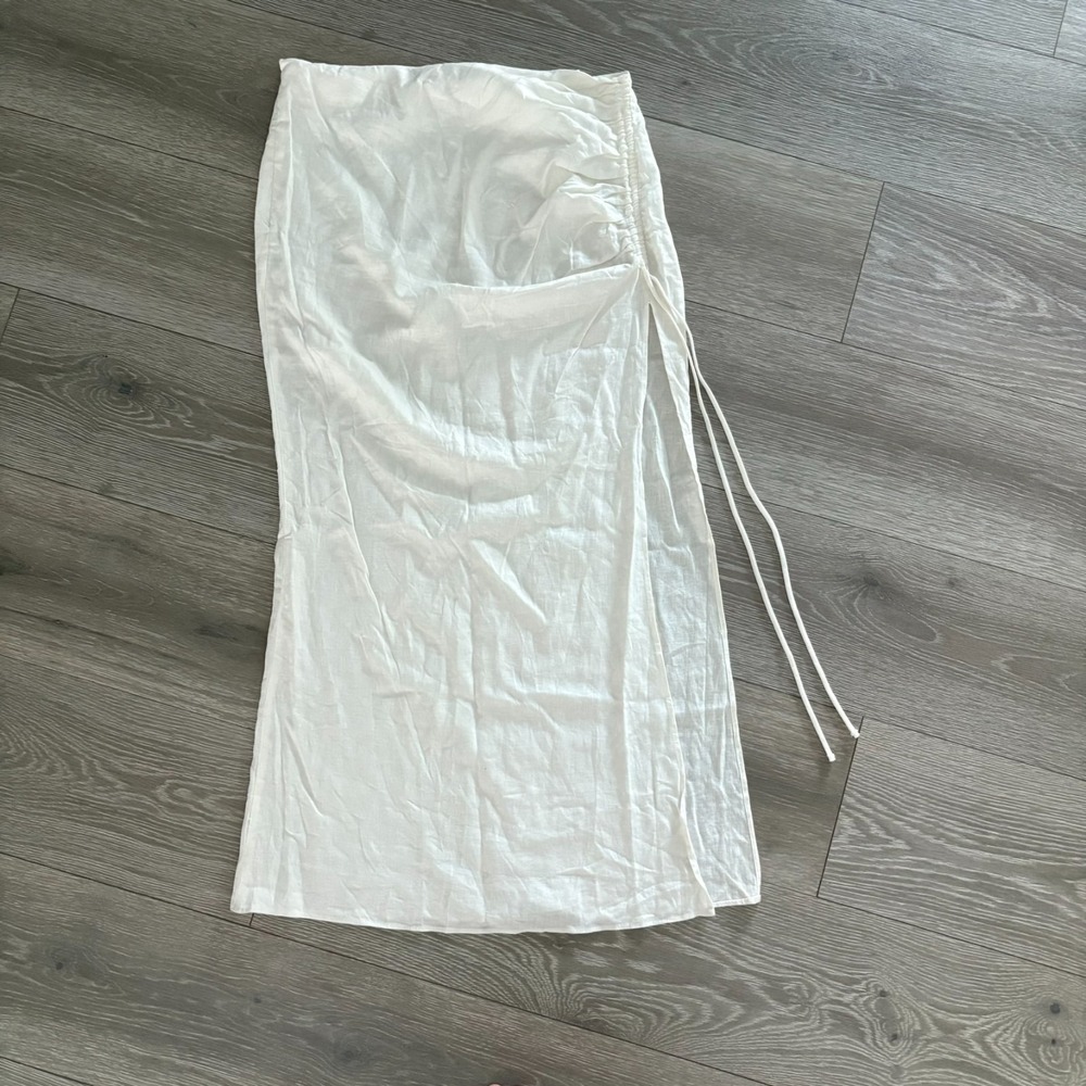 Bershka Womens White Linen Seam Detail Side Slit A-Line Midi Skirt Size M